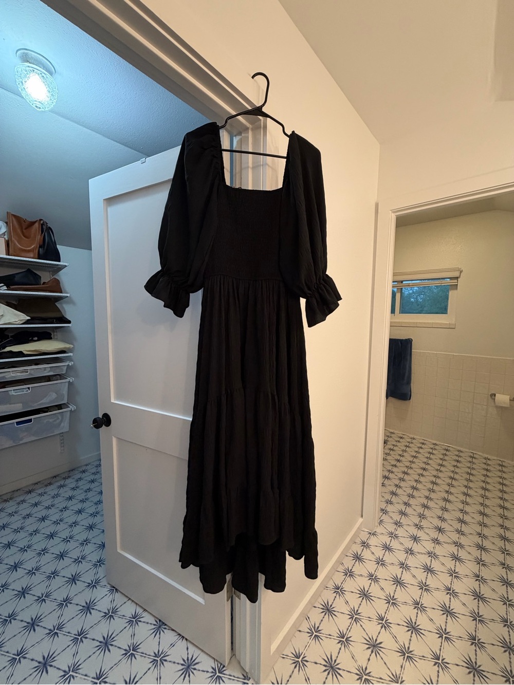 Joyfolie Black Puff-Sleeve Square-Neck Maxi Dress